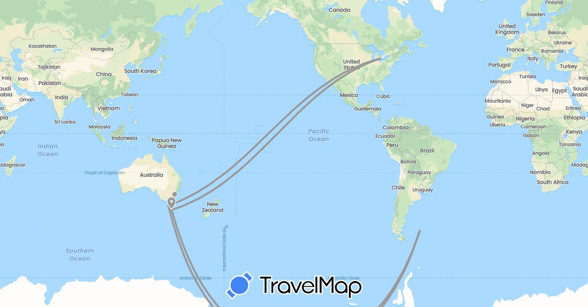 TravelMap itinerary: driving, plane in Australia, Falkland Islands, United States (North America, Oceania, South America)